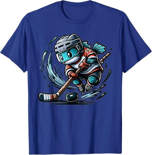 Funny Fishing Design, Fish Playing Hockey T-Shirt - T-Shirt | Royal
