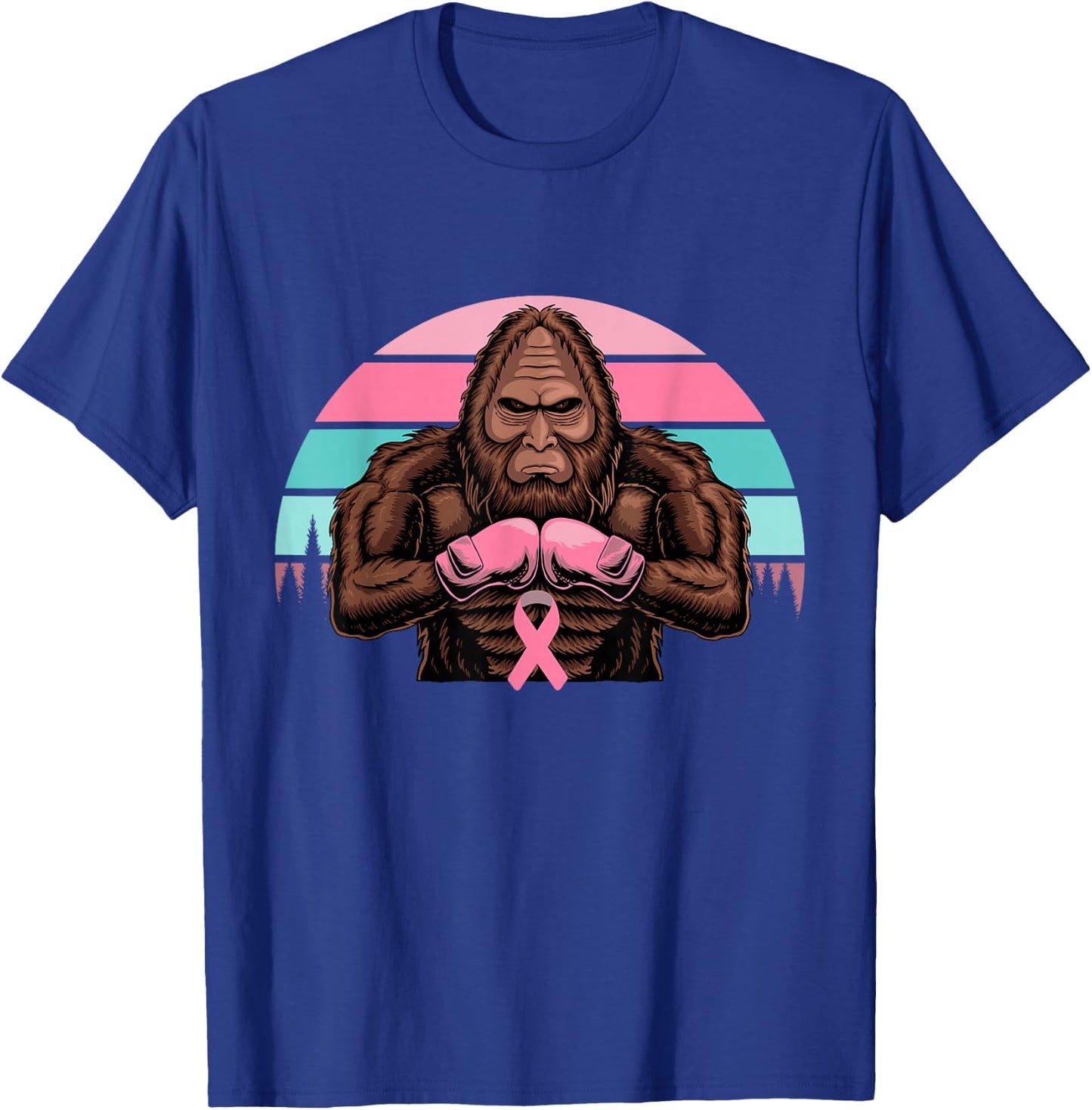 Bigfoot Boxing Pink Ribbon Breast Cancer Awareness Retro T-Shirt - T-Shirt | Royal