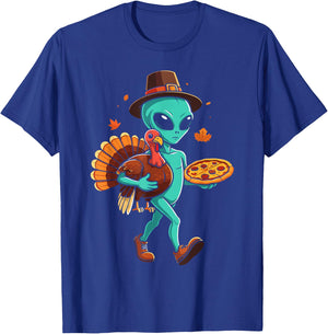 Alien turkey pizza thanksgiving day fall alien pilgrim T-Shirt - T-Shirt | Royal