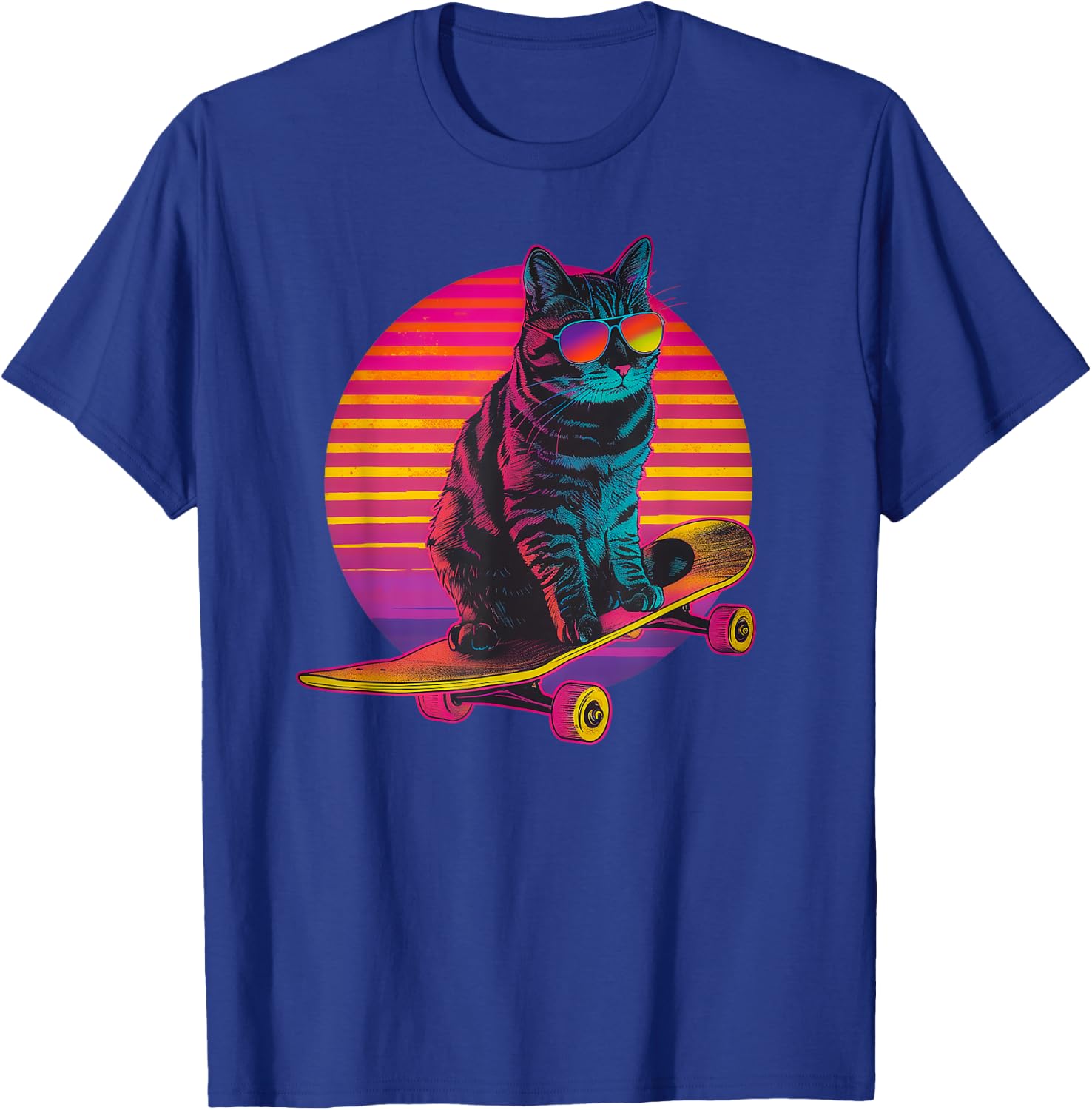 Retro Cat on Skateboard Retro Sunset Women Girls Kids T-Shirt - T-Shirt | Royal