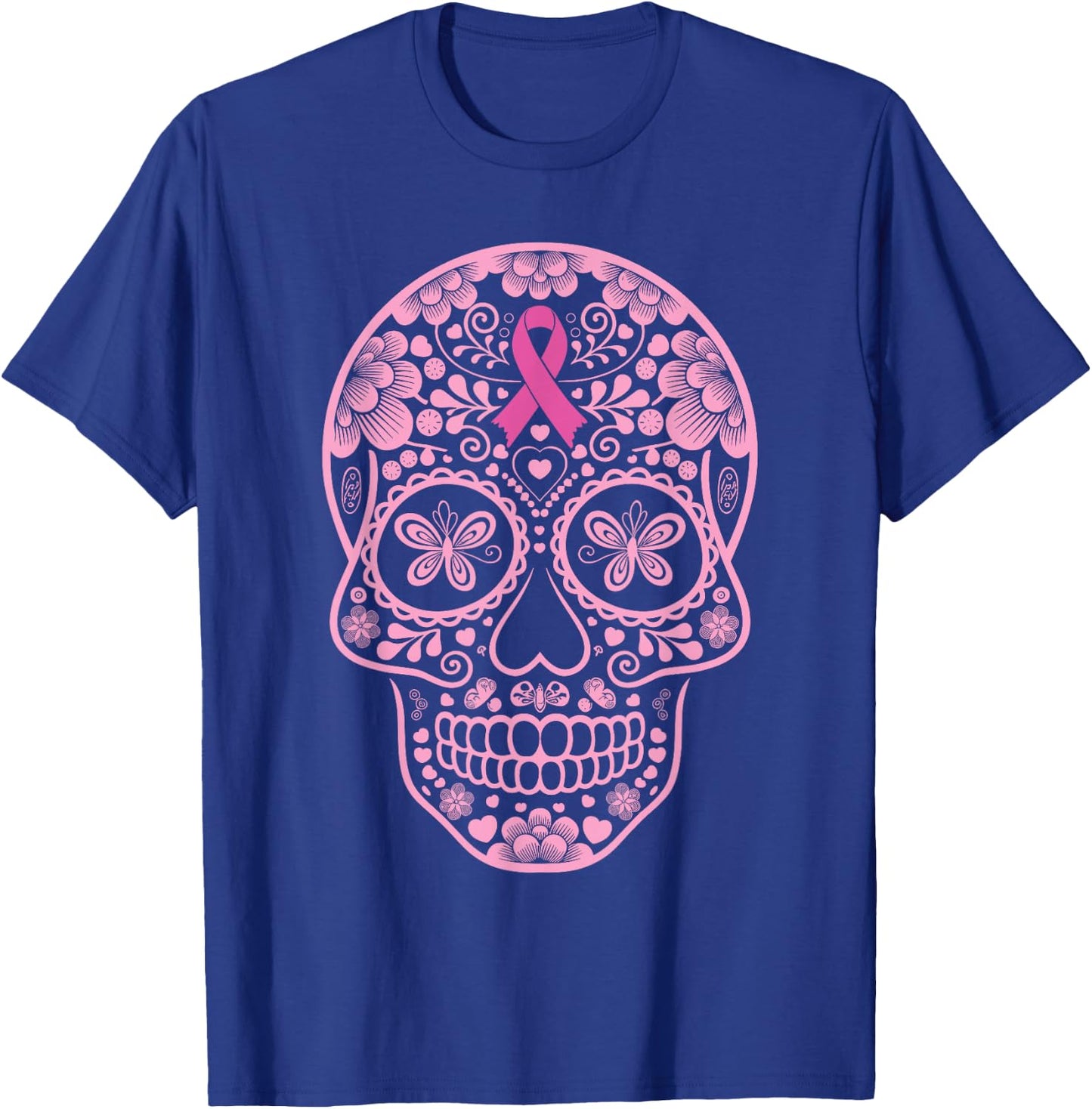 Sugar Skull Pink Ribbon Calavera Breast Cancer Awareness T-Shirt - T-Shirt | Royal
