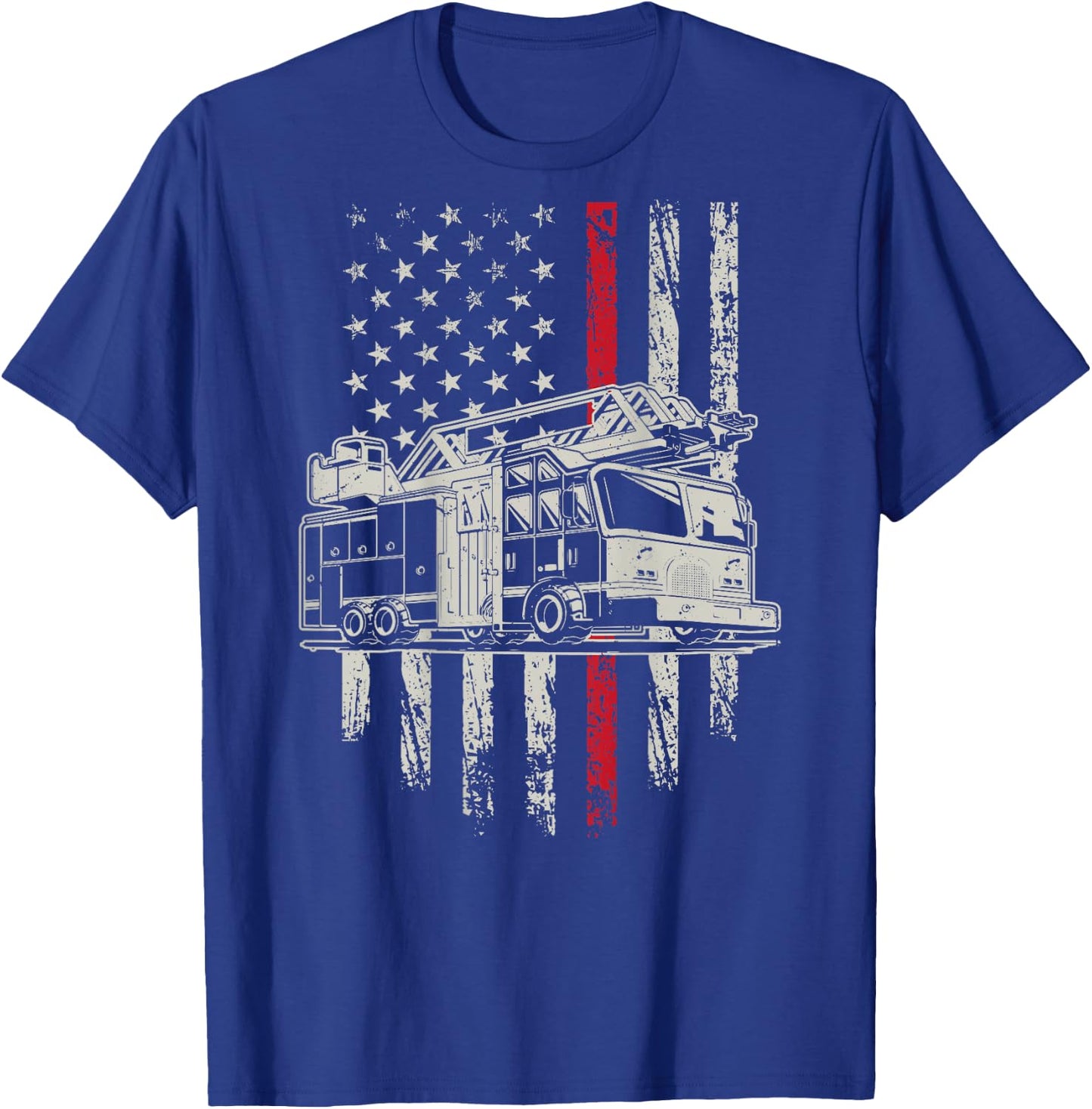 USA Flag Firefighter 4th Of July Patriotic Design On Back T-Shirt - T-Shirt | Royal