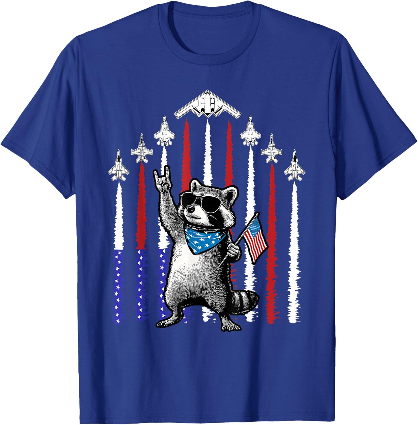 4th of July USA Flag Fighter Jets Raccoon Funny Patriotic T-Shirt - T-Shirt | Royal