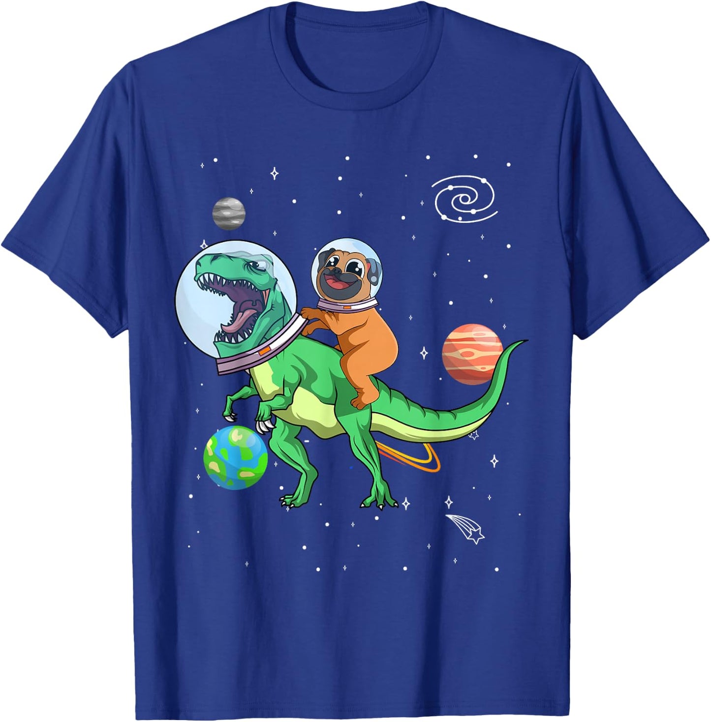 T-Rex Dinosaur In the Outer Space Astronaut Dog Pug Women Kids T-Shirt - T-Shirt | Royal