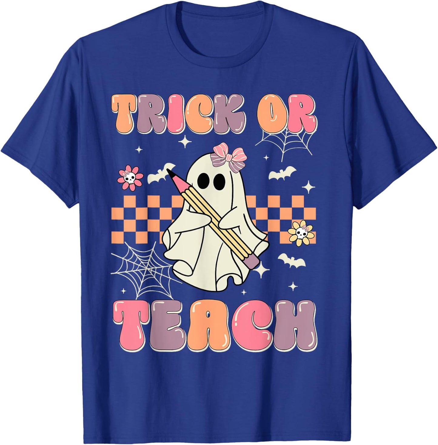 Funny Halloween Teachers Trick Or Teach Groovy Ghost Women Kids T-Shirt - T-Shirt | Royal