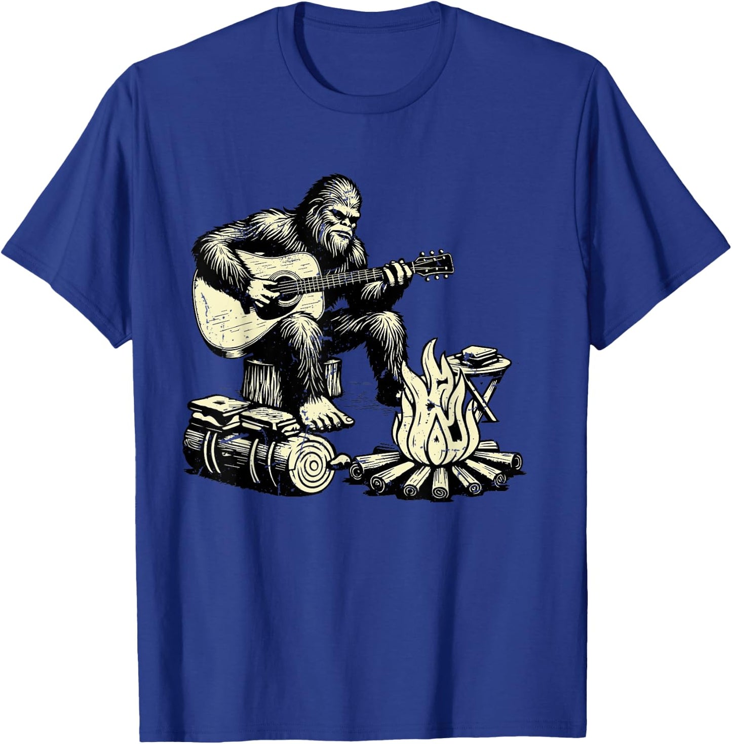 Camping Bigfoot Smore Rock Bigfoot Playing Guitar Campfire T-Shirt - T-Shirt | Royal