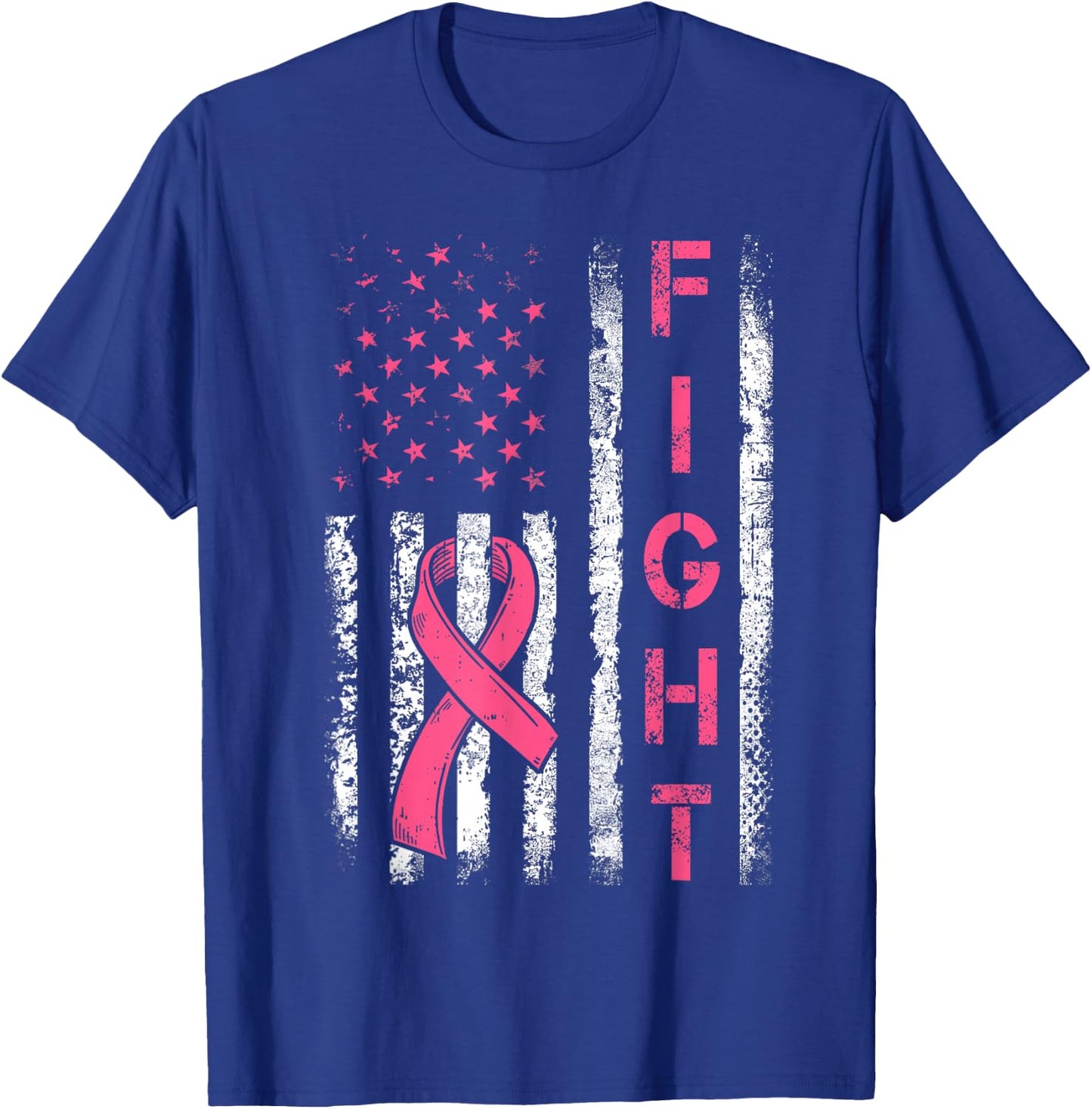 Fight Breast Cancer Awareness Pink Ribbon American Flag T-Shirt - T-Shirt | Royal