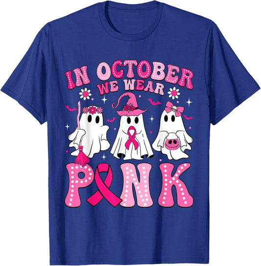 In October We Wear Pink Halloween Ghost Breast Cancer Women T-Shirt - T-Shirt | Royal