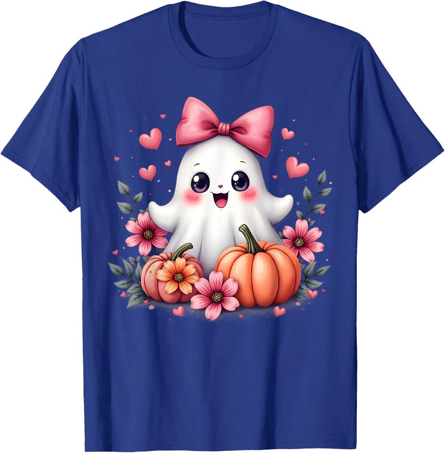 Cute Kawaii Ghost with Pink Bow Halloween Pumpkin Flowers T-Shirt - T-Shirt | Royal