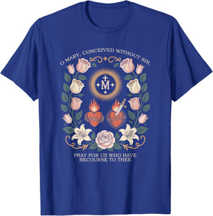 Marian Catholic Virgin Mary Marian Floral Cross Religious T-Shirt - T-Shirt | Royal