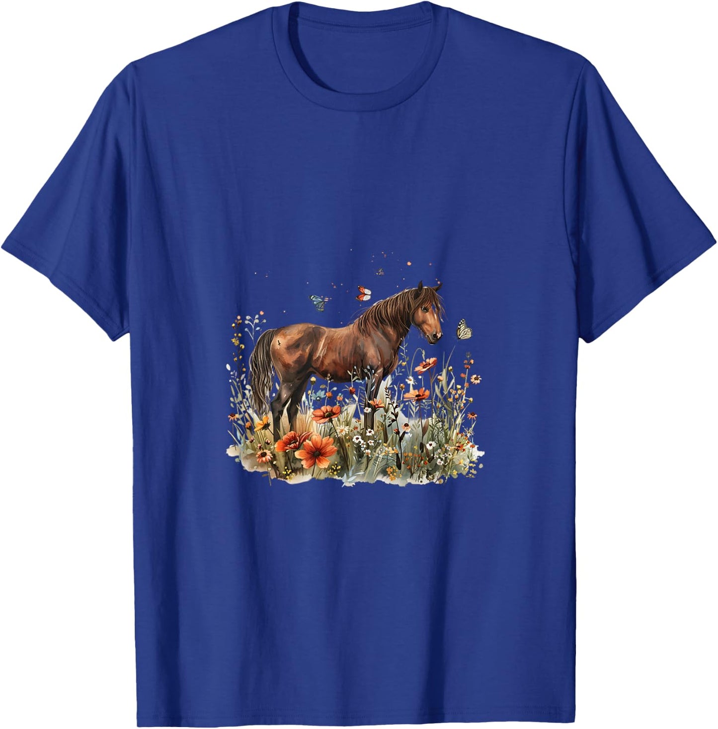 Horse in Flower Meadow with Butterflies T-Shirt - T-Shirt | Royal