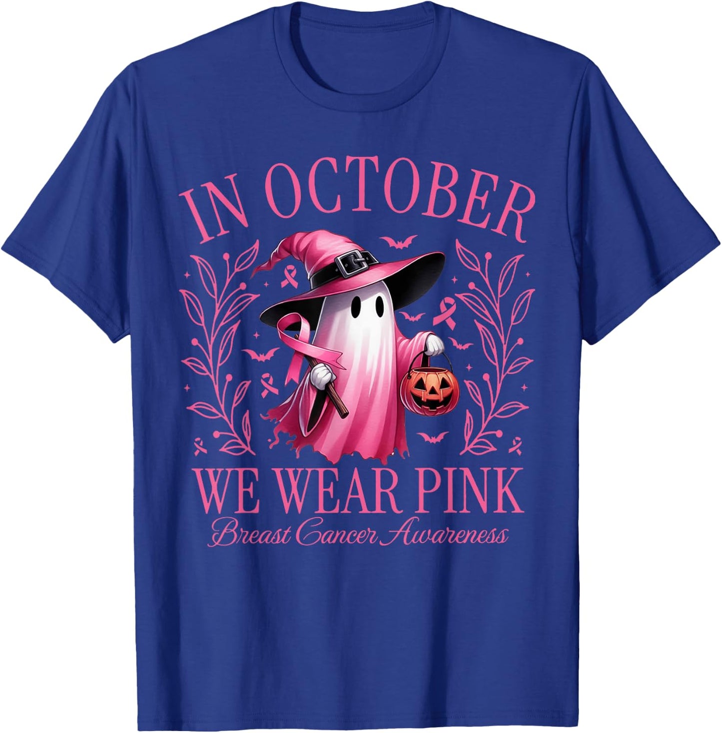 In October We Wear Pink Ghost Witch Breast Cancer Awareness T-Shirt - T-Shirt | Royal