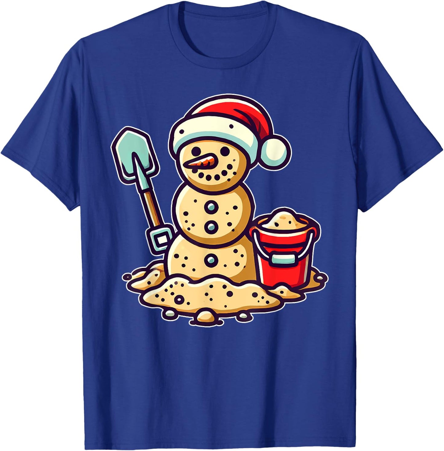 Christmas In July Sand Snowman Santa Hat Shovel Xmas Beach T-Shirt - T-Shirt | Royal