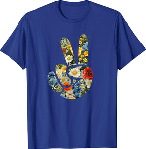 Elegant Silhouette Wildflowers Floral Peace Sign Hand T-Shirt - T-Shirt | Royal