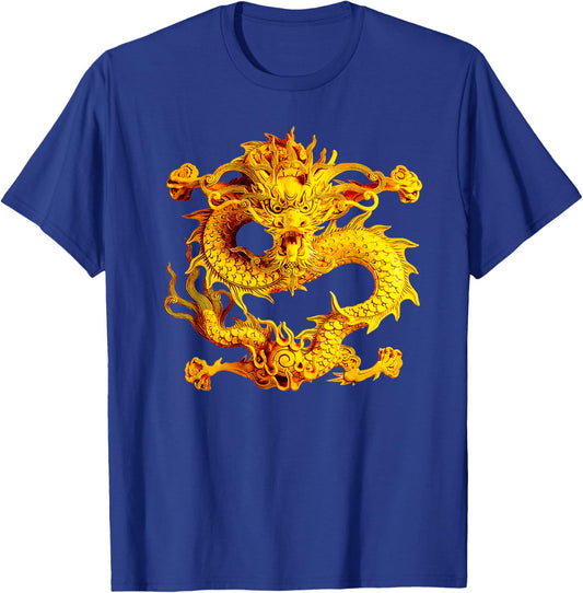 Fearless Golden Chinese Dragon Silhouette 3D Effect T-Shirt - T-Shirt | Royal