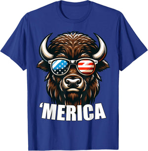Merica Bison Funny American Patriotic USA 4th of July T-Shirt - T-Shirt | Royal