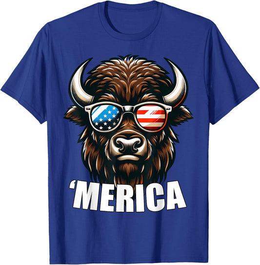 Merica Bison Funny American Patriotic USA 4th of July T-Shirt - T-Shirt | Royal