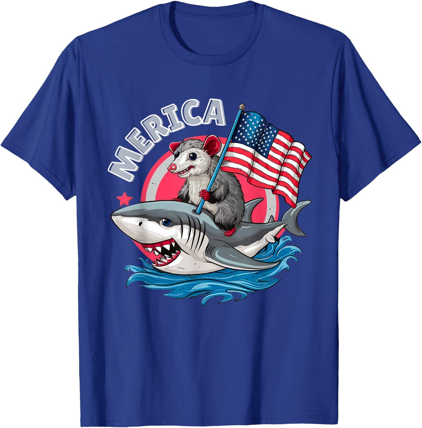 Funny Opossum Riding Shark American Flag USA 4th of July T-Shirt - T-Shirt | Royal