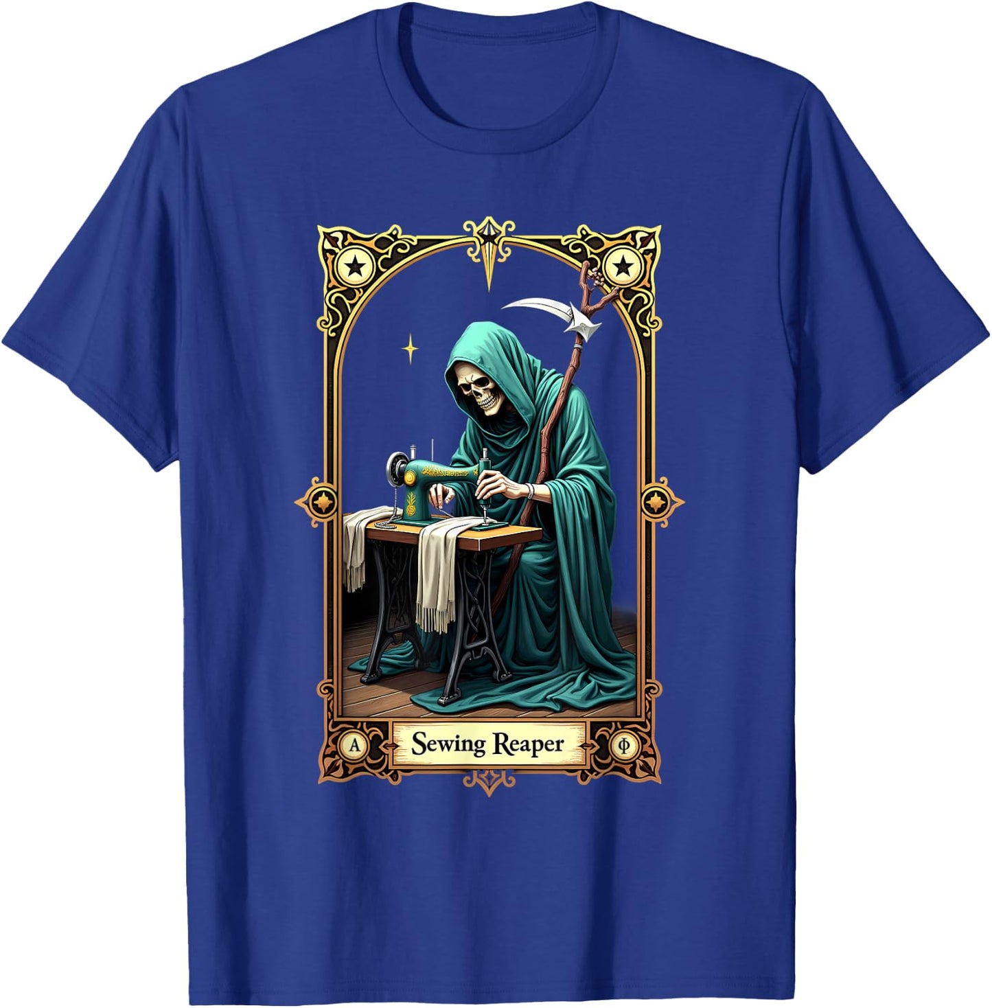 Tarot Card Skeleton Sewing Machine Reaper T-Shirt - T-Shirt | Royal