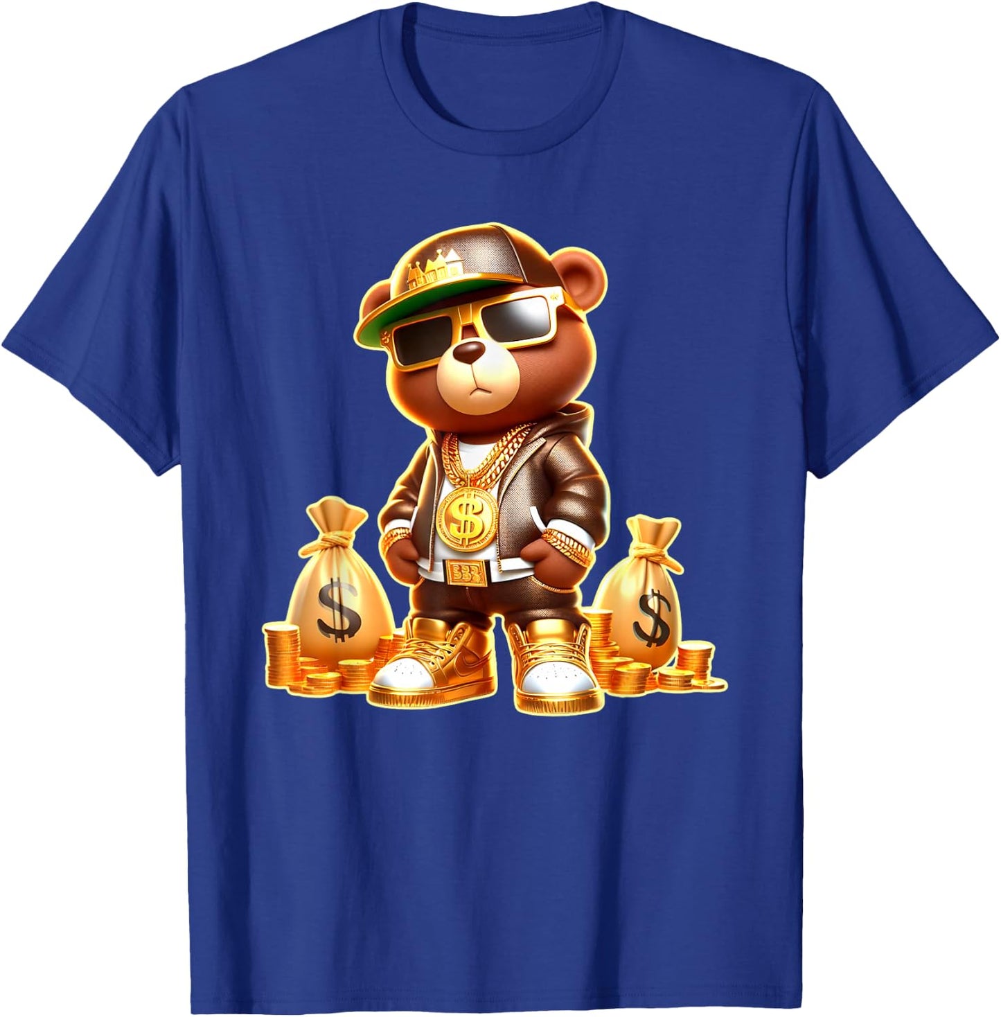 Golden Teddy Bear Boss Money Bags Golden Coins & Chain T-Shirt - T-Shirt | Royal