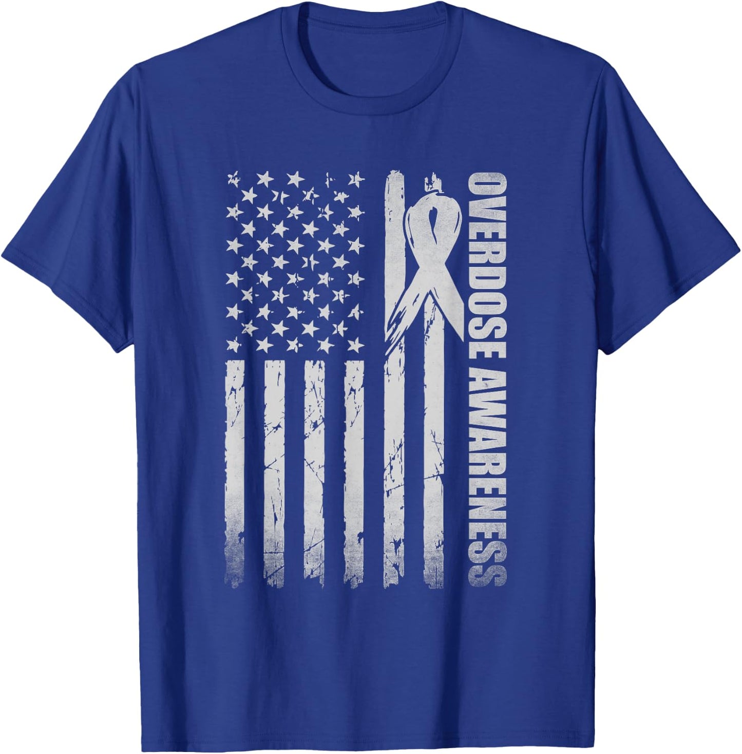 Overdose Awareness Month Purple Ribbon American Flag T-Shirt - T-Shirt | Royal