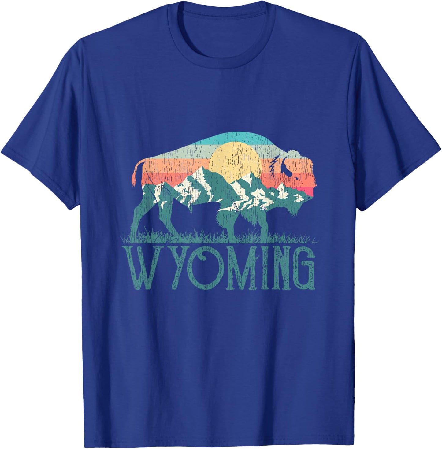 Bison Buffalo Retro Mountains WY Wyoming T-Shirt - T-Shirt | Royal