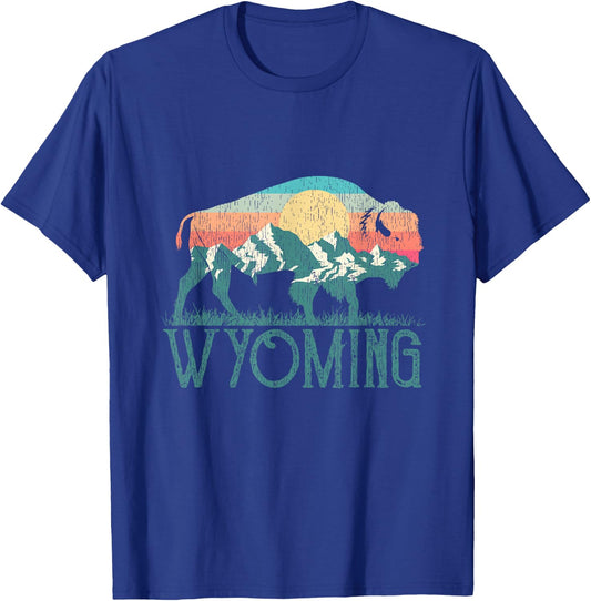 Bison Buffalo Retro Mountains WY Wyoming T-Shirt - T-Shirt | Royal