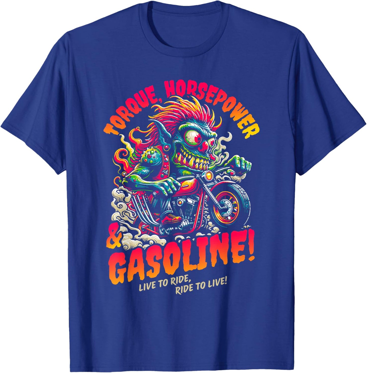 Torque Horsepower and Gasoline Funny Wild Motorcycle Cartoon T-Shirt - T-Shirt | Royal
