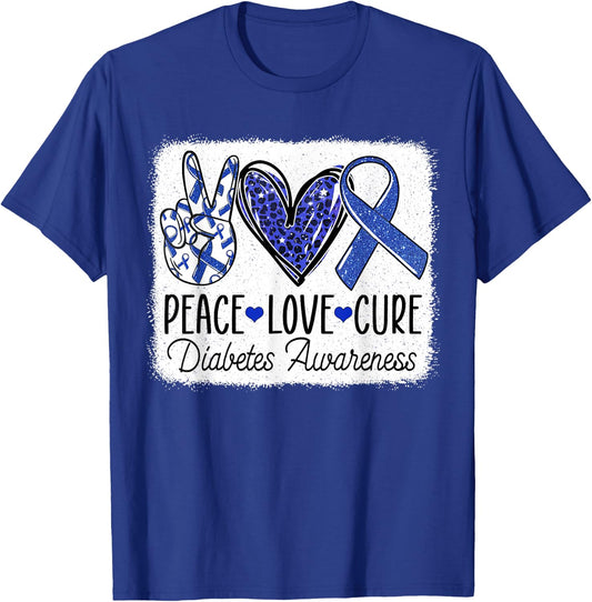 Peace Love Cure Diabetes Awareness Blue Ribbon T1D Type 1 T-Shirt - T-Shirt | Royal
