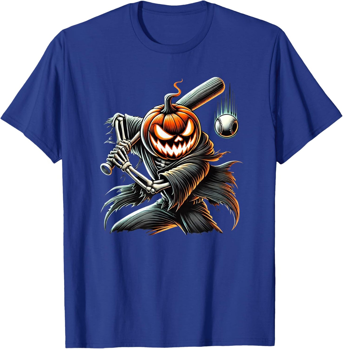 Skeleton Baseball Player Pumpkin Head Halloween Costume 2024 T-Shirt - T-Shirt | Royal
