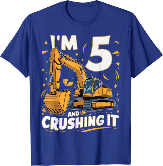 Construction Truck 5th Birthday 5 Years Old Digger Builder T-Shirt - T-Shirt | Royal
