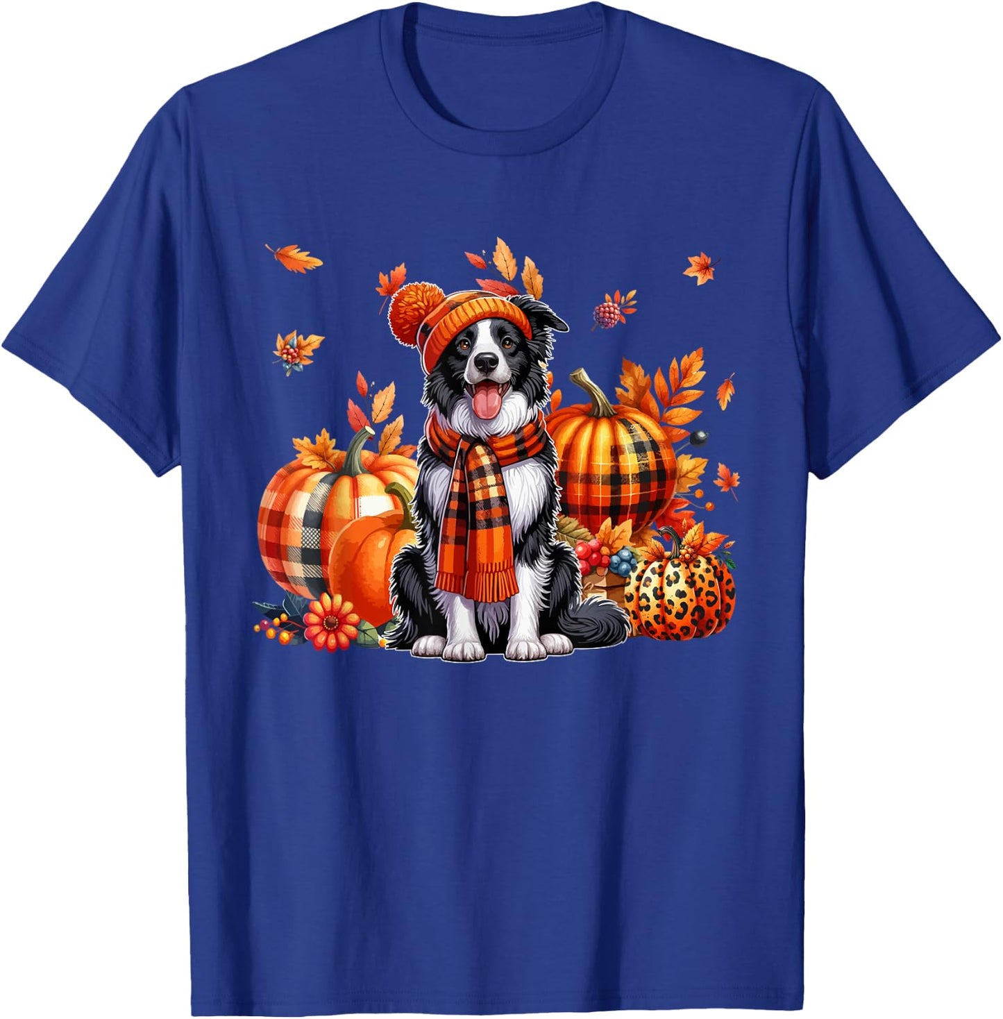 Border Collie Thanksgiving Leopard Pumpkins Fall Leaves T-Shirt - T-Shirt | Royal