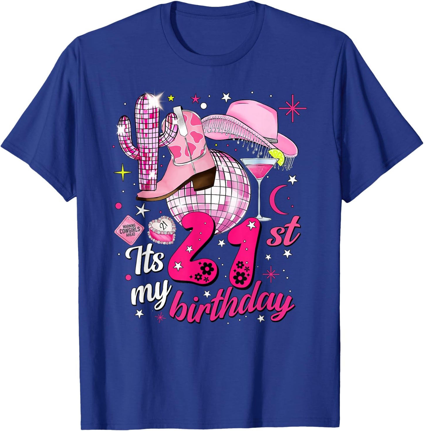 Howdy Cowboy Hat Pink Boots Disco Ball 21st Birthday T-Shirt - T-Shirt | Royal