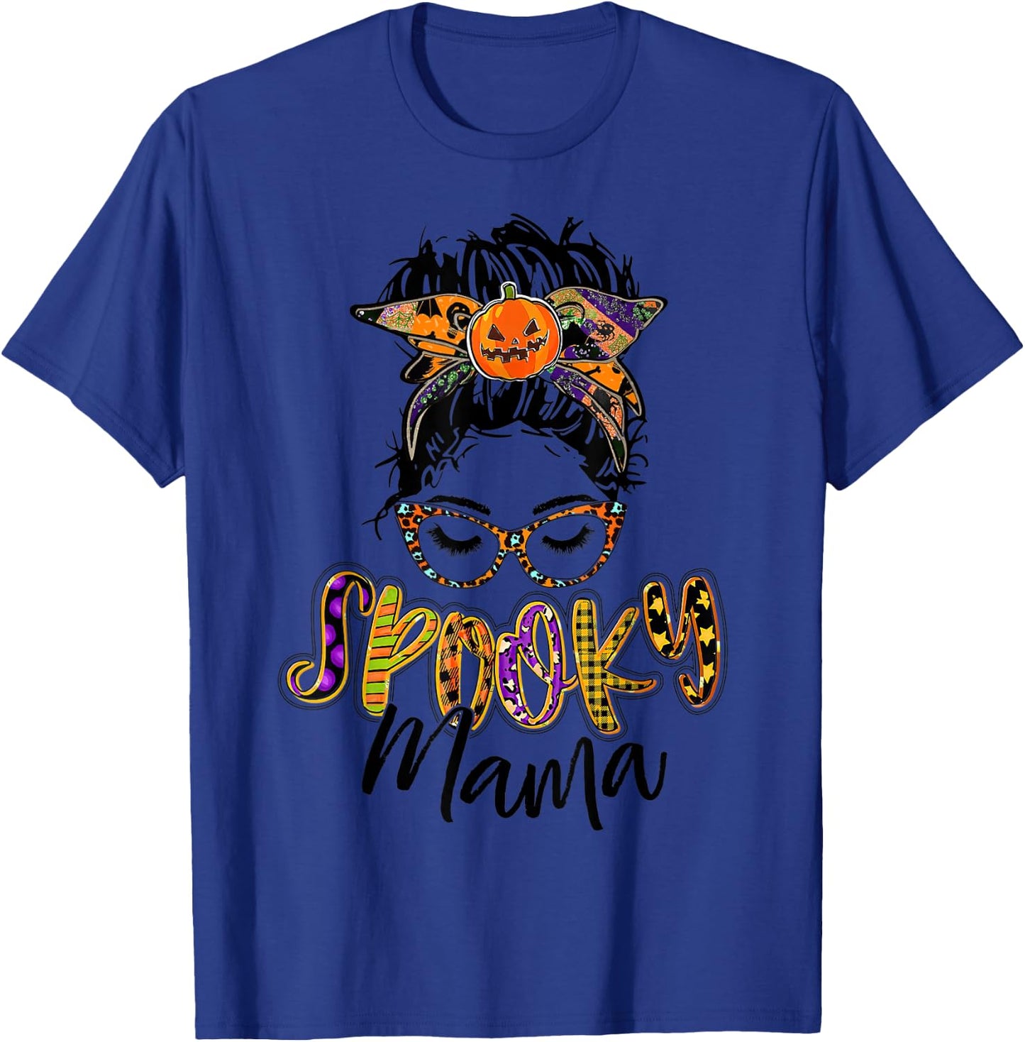 Women Spooky Mama Messy Bun Pumpkin Patch Halloween T-Shirt - T-Shirt | Royal