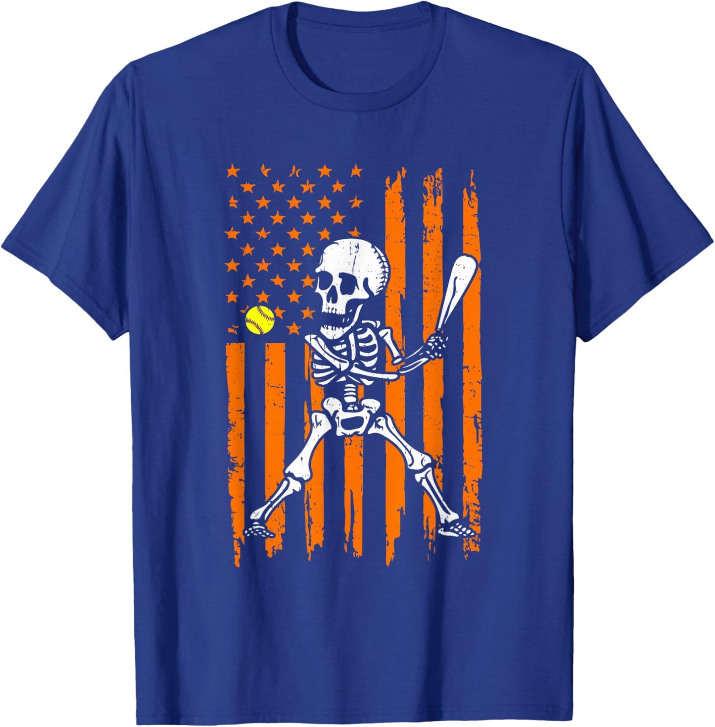 Retro Skeleton Playing Softball USA Flag Halloween Boys Kids T-Shirt - T-Shirt | Royal
