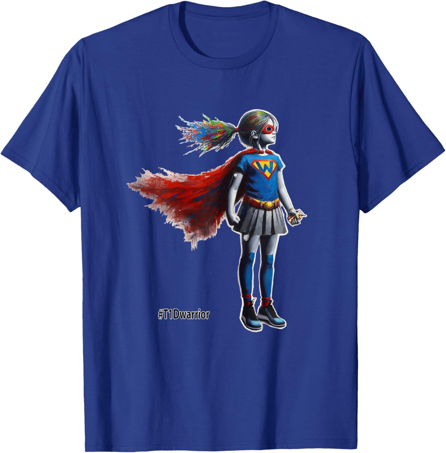 Type 1 Diabetes Superhero Wears CGM and Insulin Pump, T1D T-Shirt - T-Shirt | Royal