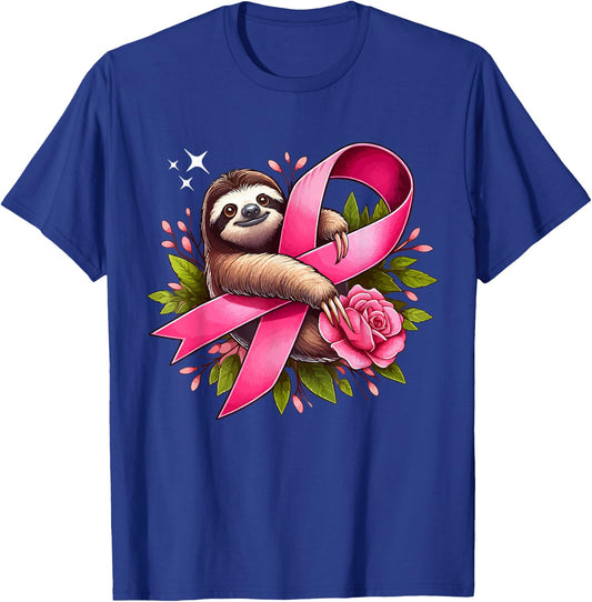 Sloth Holding Breast Cancer Awareness Ribbon Proud Costume T-Shirt - T-Shirt | Royal