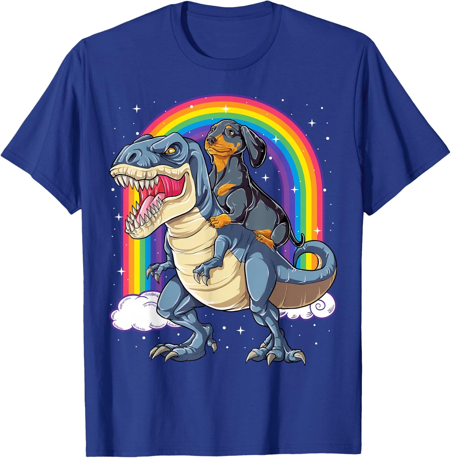 Dachshund Riding Dinosaur T-rex Boys Girls Rainbow Men Women T-Shirt - T-Shirt | Royal