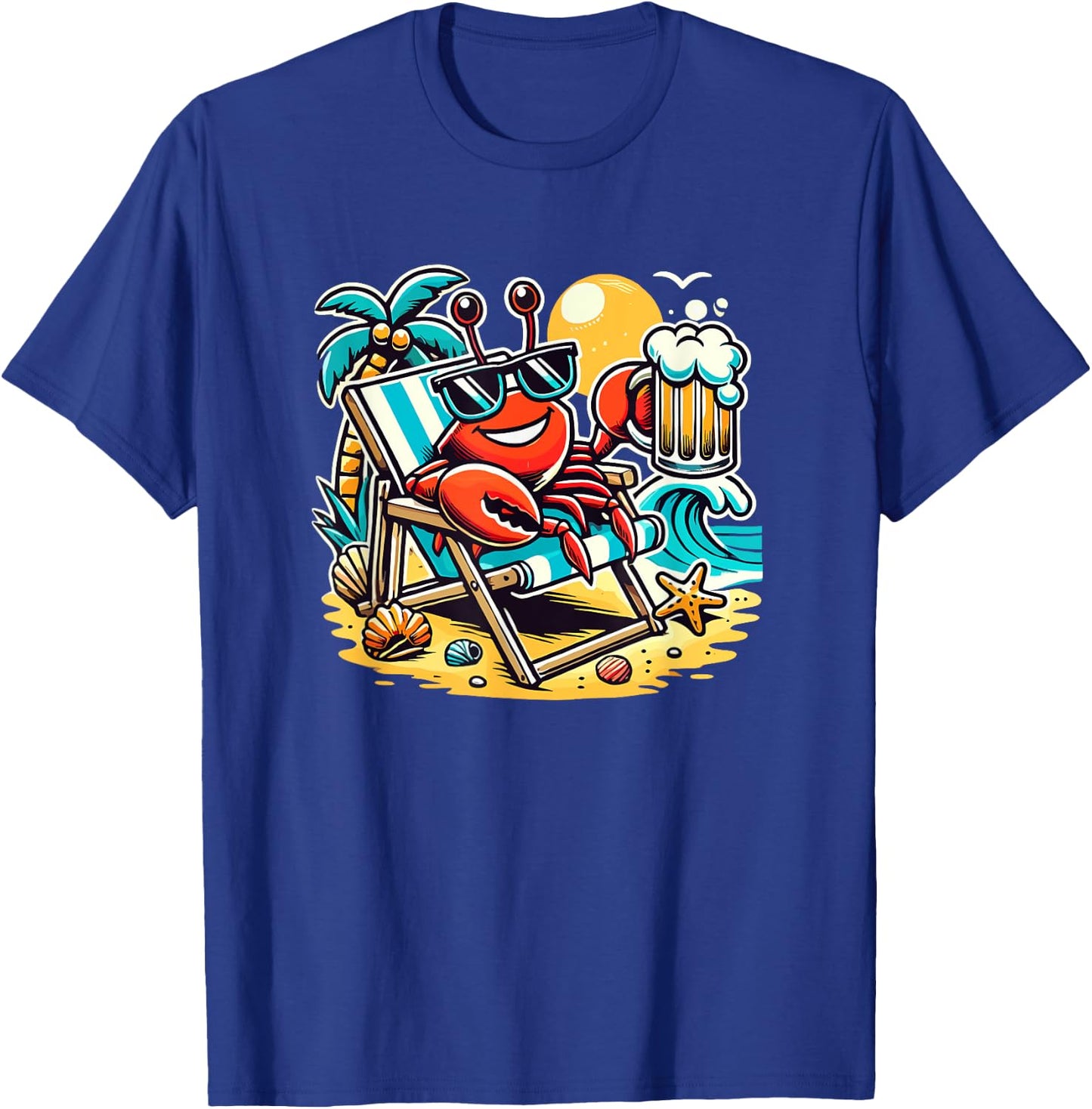 Funny Crab Drinking Beer Beach Men Women T-Shirt - T-Shirt | Royal