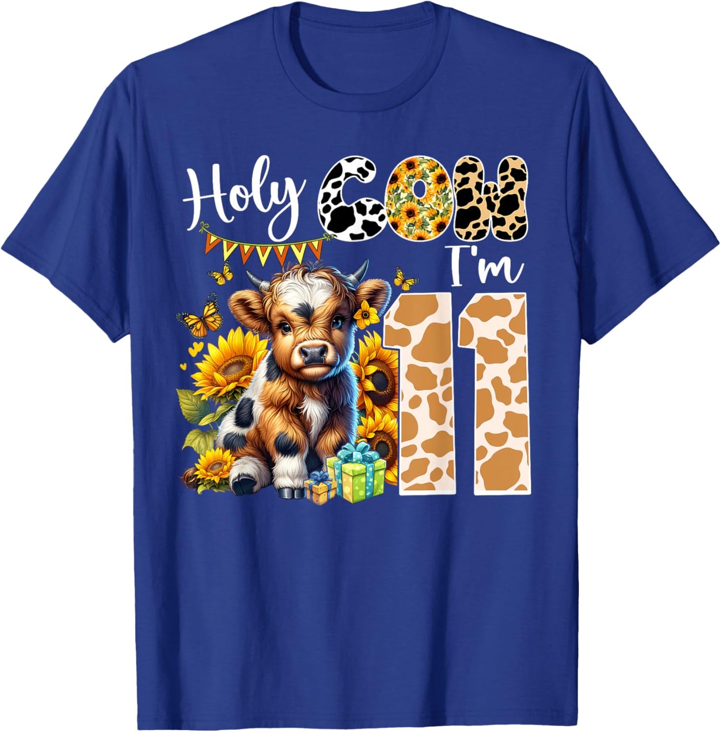Holy Cow I’m 11 Years Old Dairy Cow Sunflowers 11th Birthday T-Shirt - T-Shirt | Royal