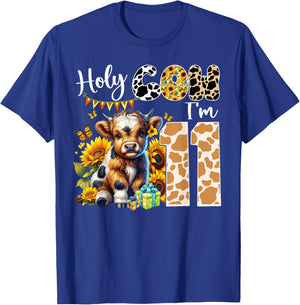 Holy Cow I’m 11 Years Old Dairy Cow Sunflowers 11th Birthday T-Shirt - T-Shirt | Royal