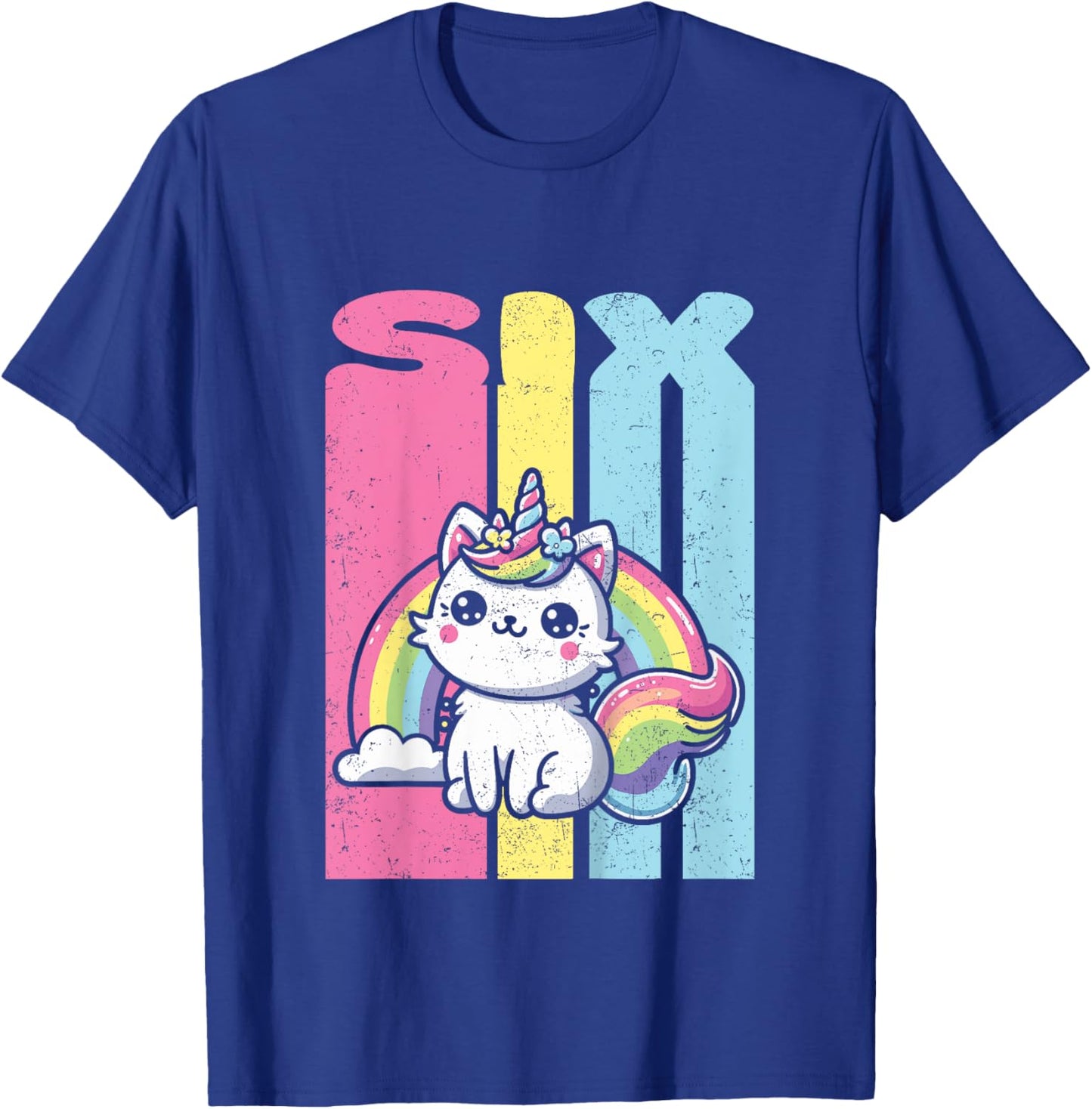 Kids Six 6th Birthday Caticorn Cat Unicorn Rainbow Grunge T-Shirt - T-Shirt | Royal