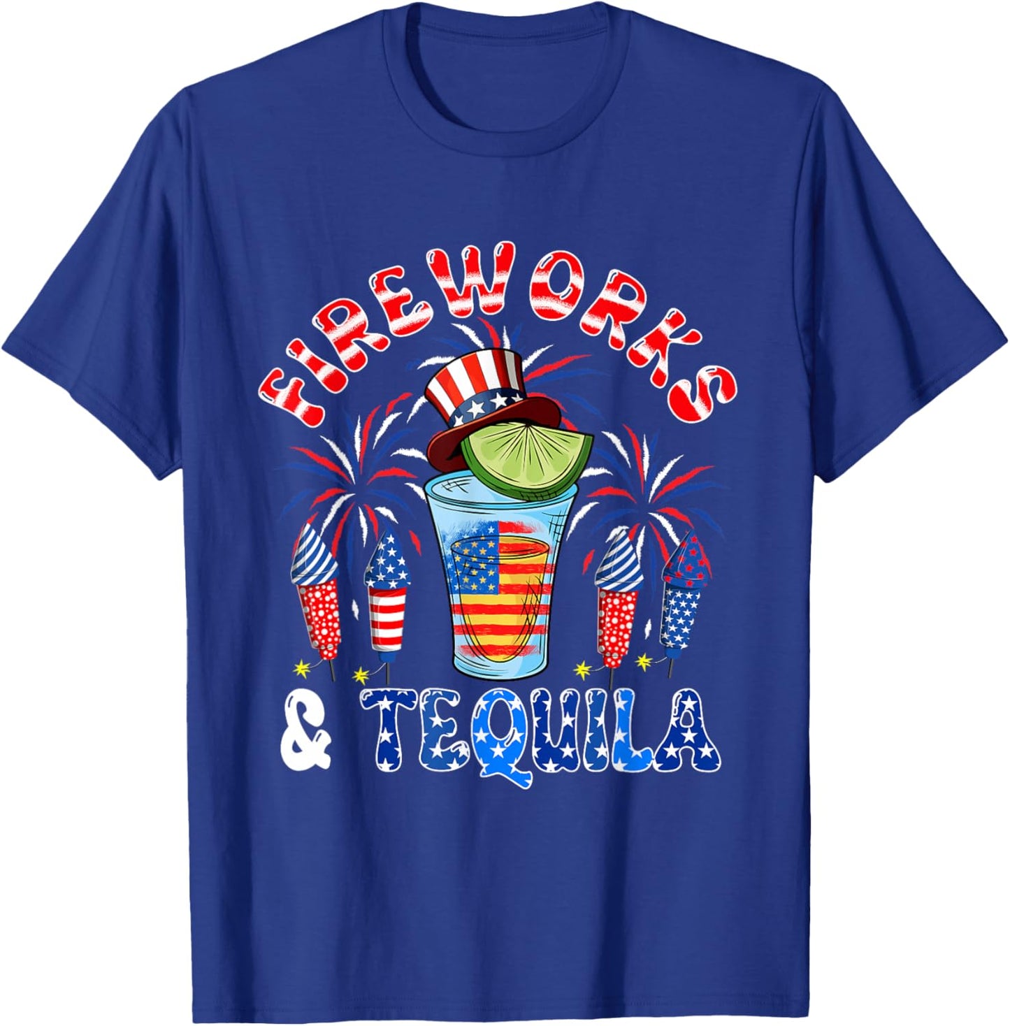 Fireworks And Tequila 4th Of July US Flag Fireworks Dinker T-Shirt - T-Shirt | Royal