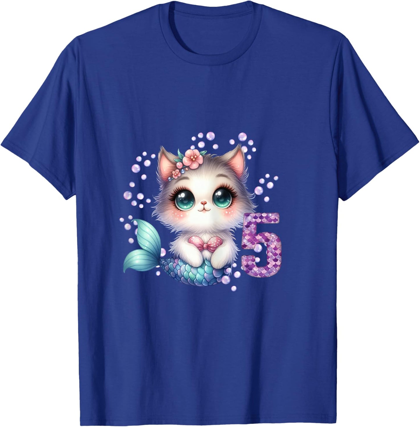 Cat Mermaid 5th Birthday 5 Year Old Party Girls Outfit T-Shirt - T-Shirt | Royal