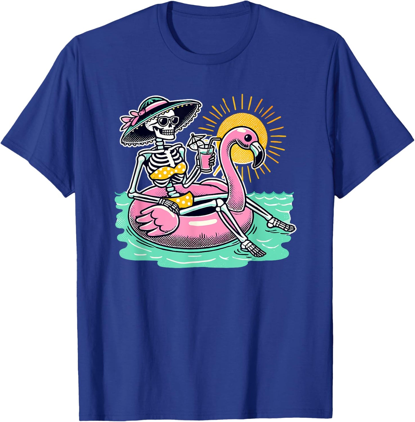 Retro Summer Skeleton Flamingo Float Vacation Beach Drink Men Women T-Shirt - T-Shirt | Royal