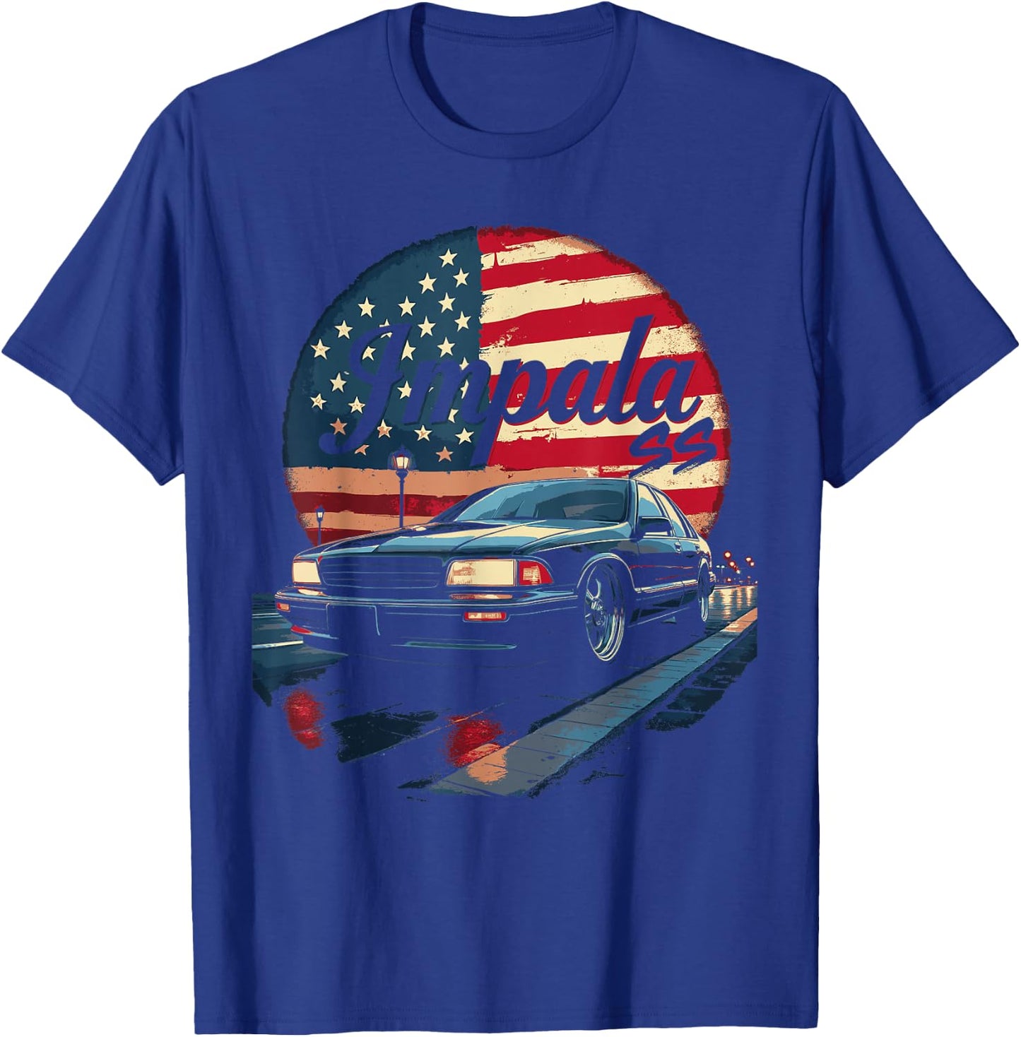 Impala B Body American Flag Impala SS Car 94-96 Coupe T-Shirt - T-Shirt | Royal