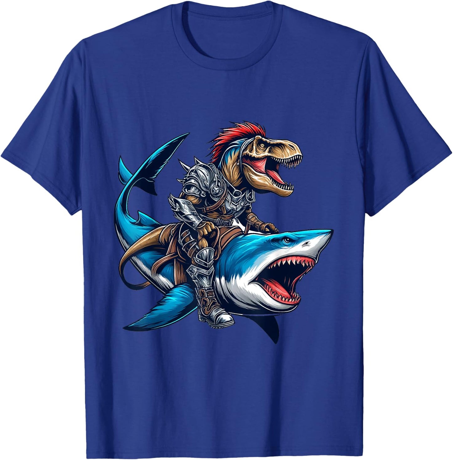 T-Rex Riding Great White Shark into Battle Awesome Kid T-Shirt - T-Shirt | Royal