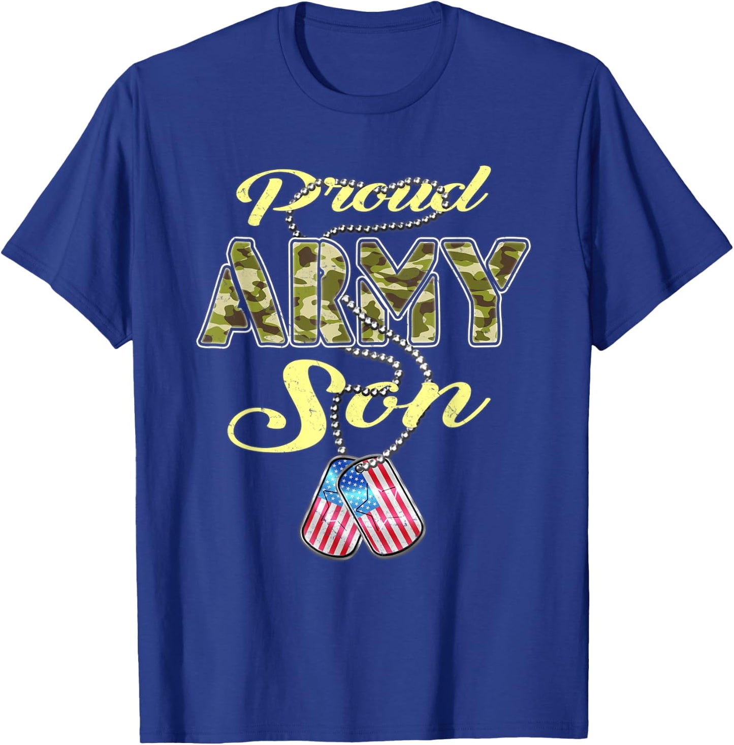 Proud Army Son US Flag Camo Dog Tags Pride Military Child T-Shirt - T-Shirt | Royal