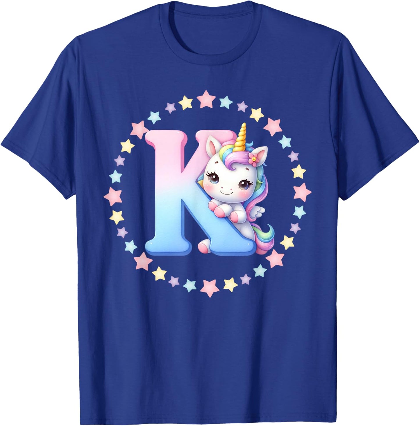 Unicorn Letter K Initial Rainbow Monogram Women Girls Kids T-Shirt - T-Shirt | Royal