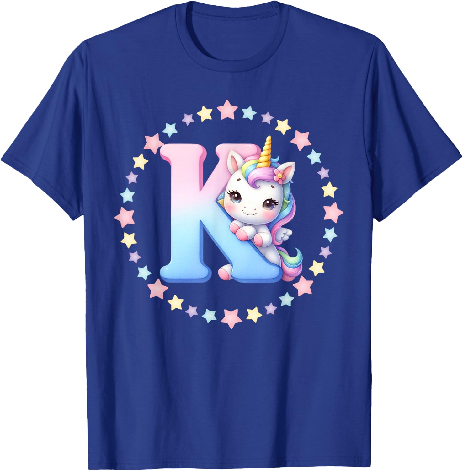 Unicorn Letter K Initial Rainbow Monogram Women Girls Kids T-Shirt - T-Shirt | Royal